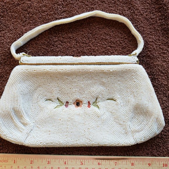 "Bag by Josef" Hand Made Vintage Handbag, from Belgium, White and Floral Beads - Picture 2 of 8